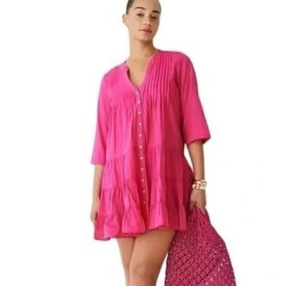 J.Crew 100%‎ Cotton Pintuck Tiered Mini Dress Pink Size Small
